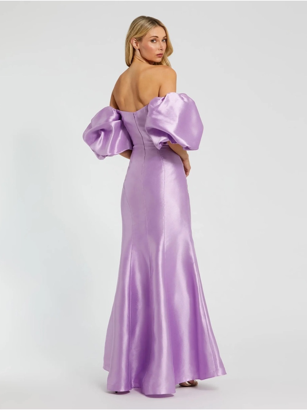 Mac Duggal Shimmering Lavender Off-Shoulder Puff Sleeve Gown